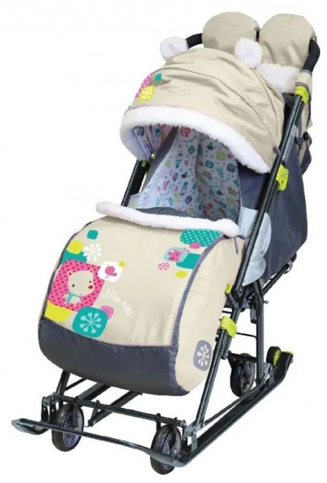 Санки-коляска комби Ника "Детям 7-6", откидная спинка, выдвижные колеса, бежевый (медвежонок)