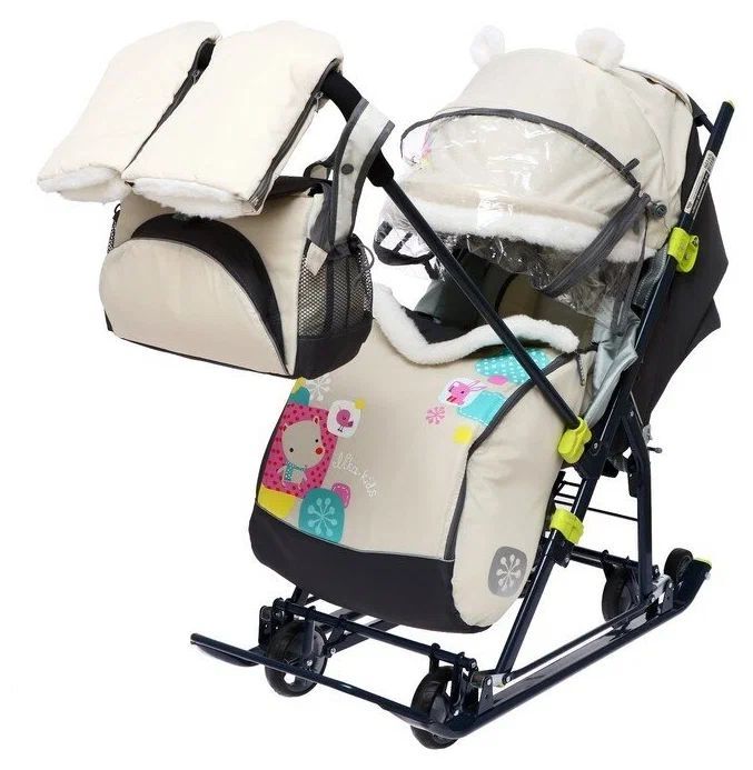 Санки-коляска комби Ника "Детям 7-6", откидная спинка, выдвижные колеса, бежевый (медвежонок)