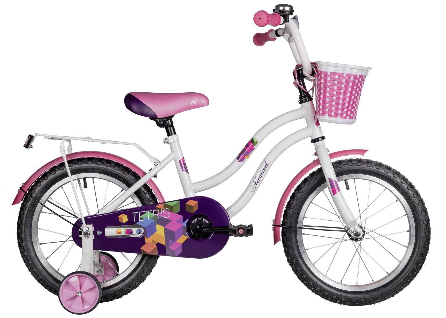Велосипед NOVATRACK 16" TETRIS белый, тормоз нож, крылья цвет, багажник, корзина, полная защ.цепи